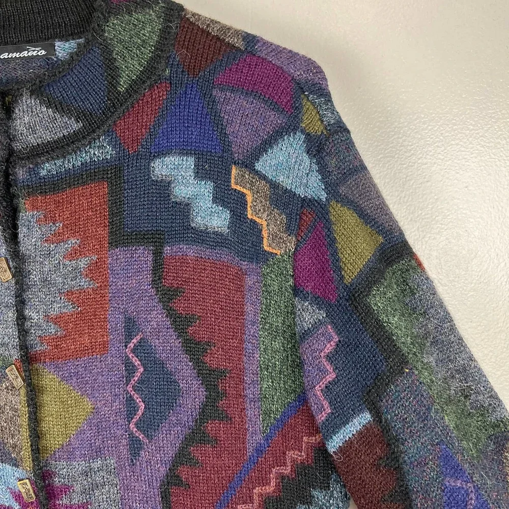 Caamano Peruvian Alpaca Hand-Knit Cardigan Sweater Multicolor Art to Wear Sz M - Picture 7 of 10